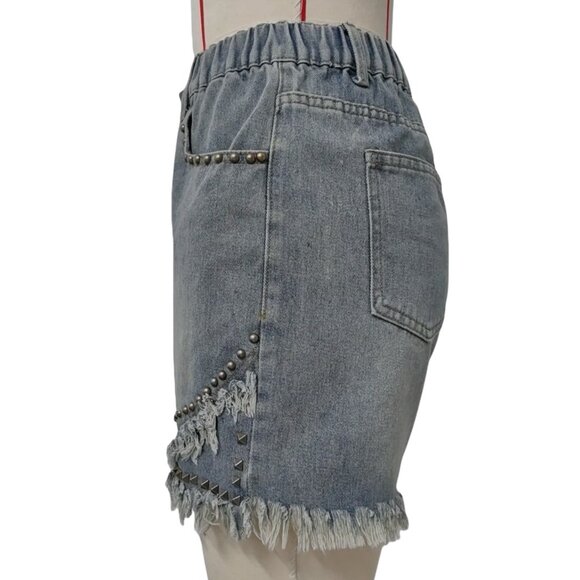 Women Studded Denim Short Size 2XL High Elastic Waist Decorated Studs Frayed Hem - Picture 5 of 12